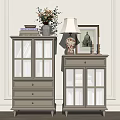 Entryway Cabinet And Side Cabinet With Glass Doors Books Vase Table Lamp And Framed