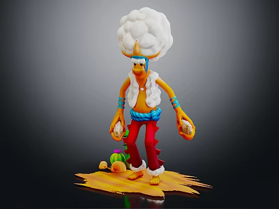 Orange Character With Fluffy White Hair Blue Sash Red Pants And Small Green Creature 3d model