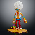 Orange Character With Fluffy White Hair Blue Sash Red Pants And Small Green Creature
