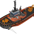 Orange Tugboat Operating In Open Sea With Rough Waves And Smoke Stack 3d model
