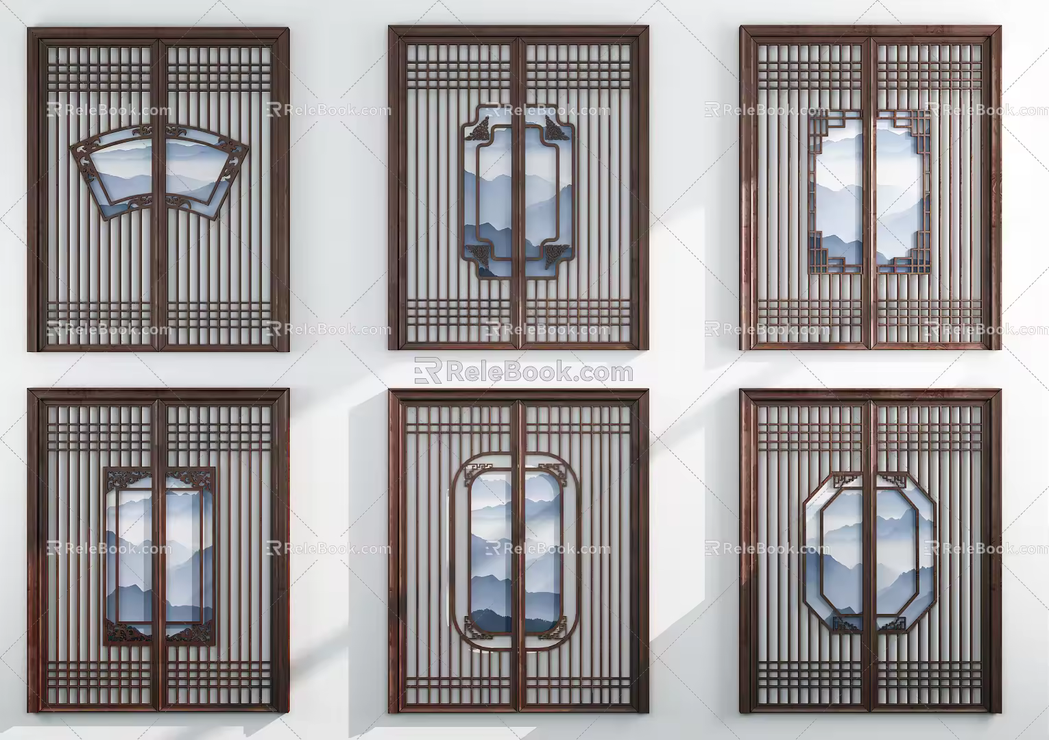 Chinese-style sliding door carved sliding door 3d model