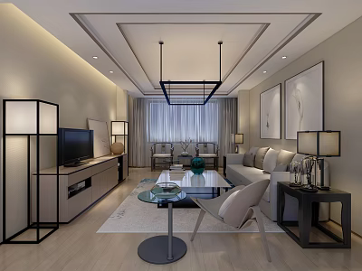 Modern Living Room Interior With TV Stand Sofa Glass Coffee Table And Floor Lamps 3d model