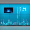 Blue Background Wall With Display Screen City Skyline Silhouette And Heart Shaped M Logo