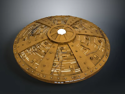 Intricate Brass Mechanical Disc With Central Opening Gears Rivets And Textures 3d model