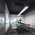 Modern Public Office Space Featuring Worktable Chairs Whiteboard Charts Large Windows City View and Greenery