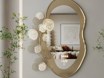 Gold Framed Irregular Mirror with Decorative Petals in Modern Living Room with Sofa and Art 3d model