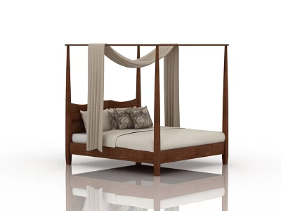 Wooden Four Poster Double Bed With White Mattress And Decorative Pillows 3d model