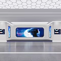 Modern Tech Exhibition Space Featuring Multiple Digital Screens White Walls And Geometric Ceiling Design 3d model