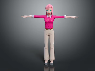 Pink Haired Blue Eyed Character in Pink Shirt Beige Pants Arms Outstretched on Gray Background 3d model