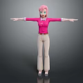 Pink Haired Blue Eyed Character in Pink Shirt Beige Pants Arms Outstretched on Gray Background