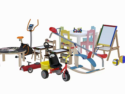 Colorful Kids Indoor Play Equipment With Tricycle Rocking Horse Easel And Toy Balls 3d model