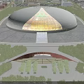 Cultural Center Building with Unique Glass Dome Illuminated at Night Surrounded by Green Trees and Plaza