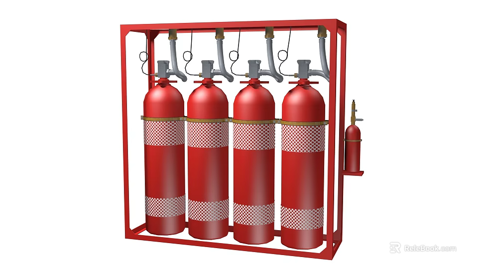 Red Fire Cylinders Arrangement With Four Large Tanks In Red Frame And Small Cylinder Beside 3d model 