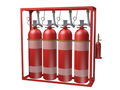 Red Fire Cylinders Arrangement With Four Large Tanks In Red Frame And Small Cylinder Beside 3d model