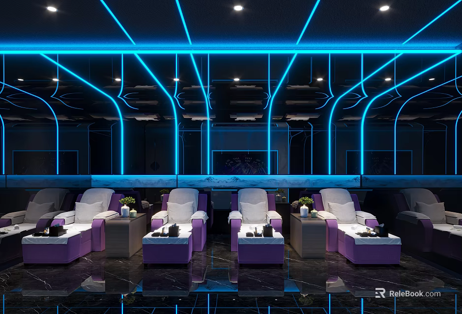 Modern KTV Interior Design With Blue Neon Lights And Purple Sofa Seats 3d model 