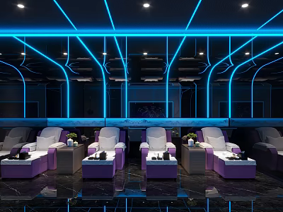 Modern KTV Interior Design With Blue Neon Lights And Purple Sofa Seats 3d model