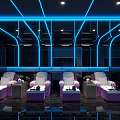 Modern KTV Interior Design With Blue Neon Lights And Purple Sofa Seats