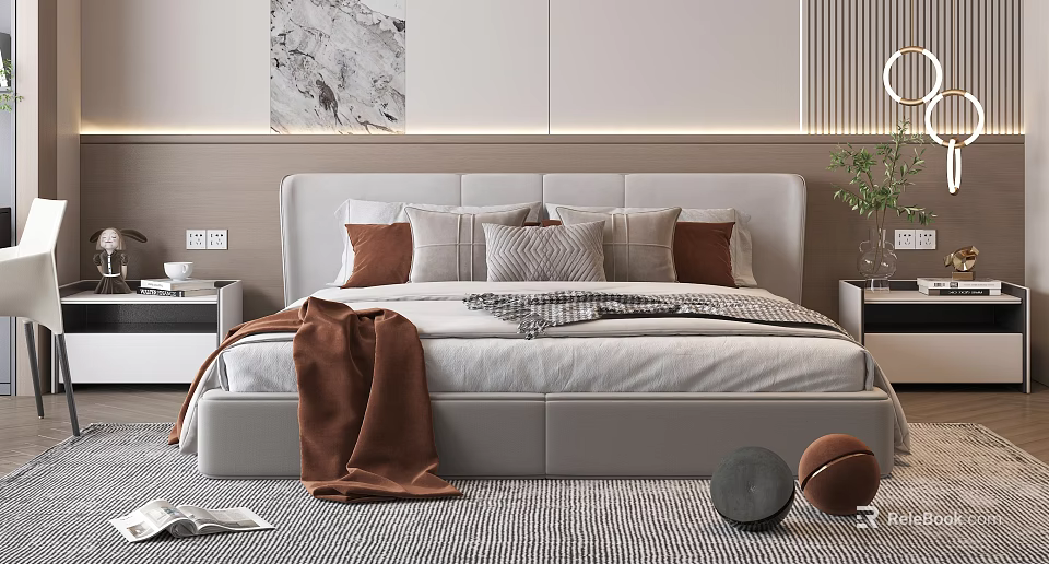 Modern Cozy Bedroom Interior Design With Comfortable Bed Multiple Pillows Brown Blanket And Decorative Rug 3d model 