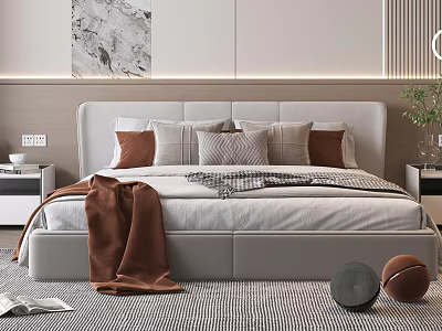 Modern Cozy Bedroom Interior Design With Comfortable Bed Multiple Pillows Brown Blanket And Decorative Rug 3d model