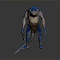 Blue Shark Headed Mythical Creature 3D Character With Armor Like Details And Weapon In Standing Pose