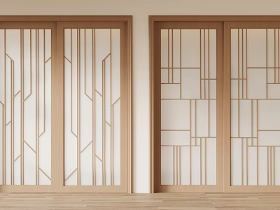 Modern Wooden Sliding Doors With Geometric Patterns On Glass Panels Interior Design 3d model