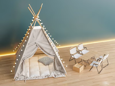 Cozy Teepee Tent With String Lights Mattress Pillow And Table Chairs On Indoor Wooden Floor 3d model
