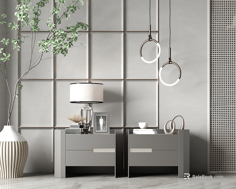 Gray Nightstand With Lamp Photo Frame Cup Green Plant And Wall Design 3d model 