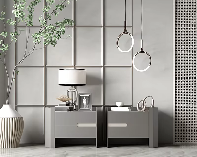 Gray Nightstand With Lamp Photo Frame Cup Green Plant And Wall Design 3d model