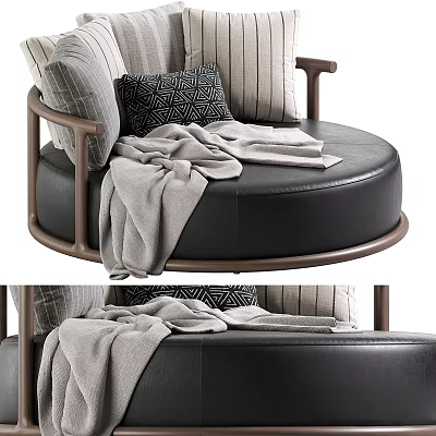 Black Leather Circular Sectional Sofa With Wooden Armrests Throw Pillows And Gray Blanket 3d model