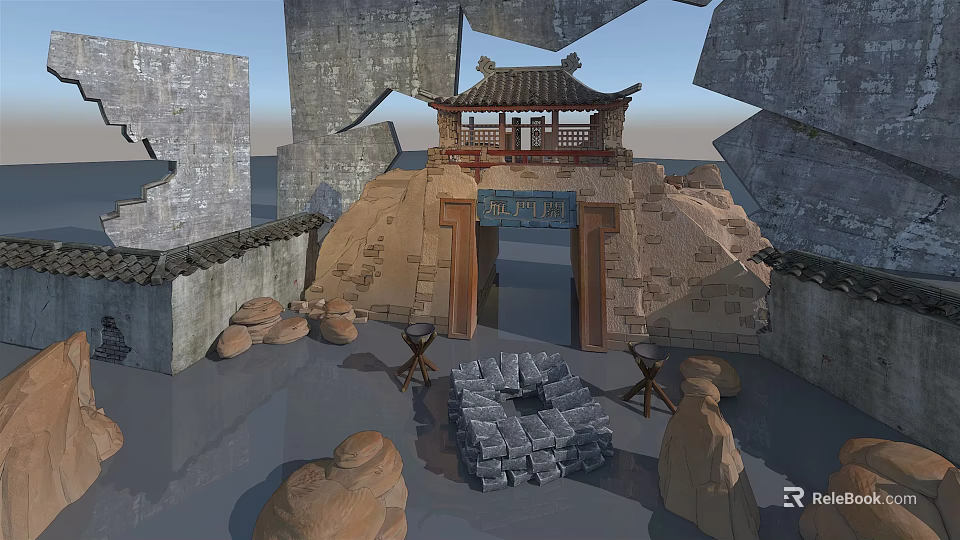 Cartoon Scene of Ancient Chinese Gateway with Stone Walls and Stone Blocks 3d model 