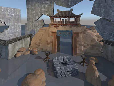 Cartoon Scene of Ancient Chinese Gateway with Stone Walls and Stone Blocks 3d model