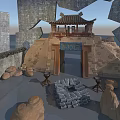 Cartoon Scene of Ancient Chinese Gateway with Stone Walls and Stone Blocks