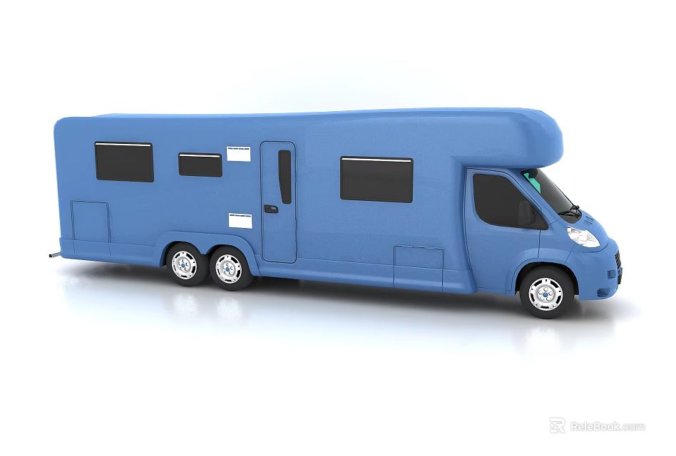 Blue Motorhome Exterior With Side Windows Door And Wheels On White Background 3d model 