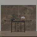 Traditional Chinese Console Table with Potted Pine and Fan Against Patterned Screen 3d model