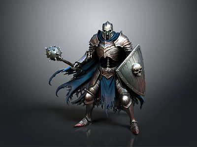 A Man in Medieval Armor Holding Mace and Skull Shield with Blue Cloak 3d model
