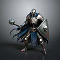 A Man in Medieval Armor Holding Mace and Skull Shield with Blue Cloak