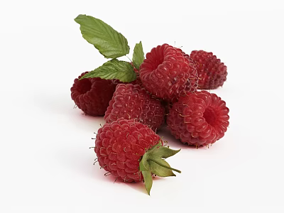 Fresh Ripe Juicy Raspberries With Green Leaves On White Background 3d model