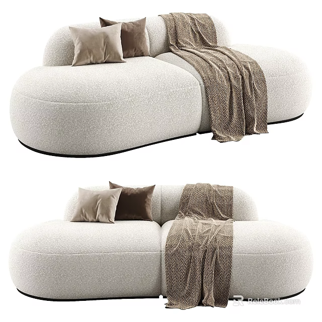 Soft Beige Fabric Two Seater Sofa With Plush Pillows And Knitted Blanket 3d model 