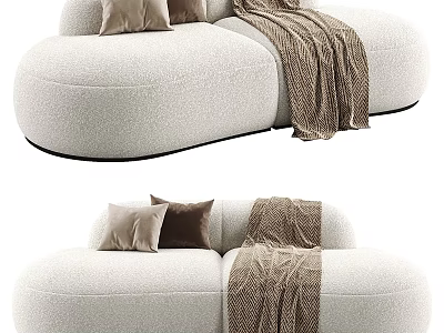 Soft Beige Fabric Two Seater Sofa With Plush Pillows And Knitted Blanket 3d model