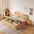 Wooden Double Bed with Green White Bedding Nightstands Wall Art Woven Decor and Natural Light