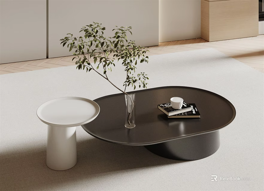 Black Modern Minimalist Coffee Table with White Side Table Vase Green Plant Books and Cup 3d model 