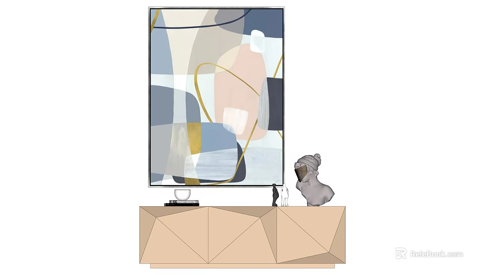 Abstract Artwork On Geometric TV Stand With Small Dog Figurine Decoration 3d model 