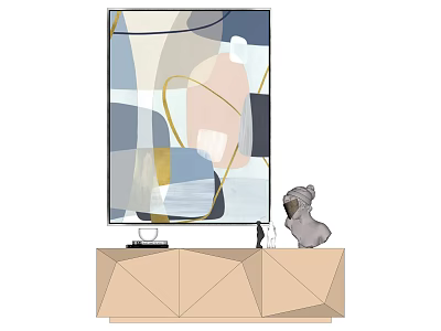 Abstract Artwork On Geometric TV Stand With Small Dog Figurine Decoration 3d model
