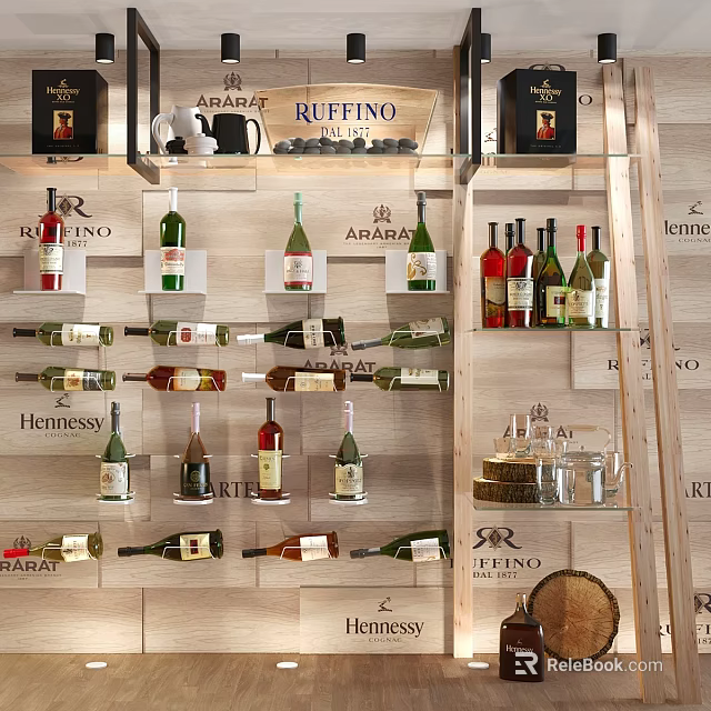 Commercial Wine Display Racks With Branded Bottles Glassware And Decorative Elements 3d model 