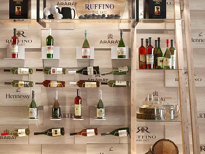 Commercial Wine Display Racks With Branded Bottles Glassware And Decorative Elements 3d model