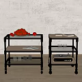 Metal Frame Side Tables With Glass Shelves Wheels Tomatoes Apple Magazine And Record Player