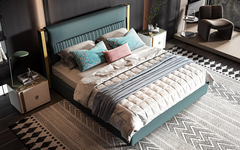Elegant Modern Double Bed With Teal Headboard Gold Accents Blue Pink Pillows And Geometric Rug 3d model 