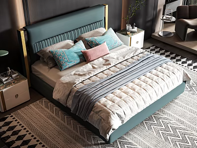 Elegant Modern Double Bed With Teal Headboard Gold Accents Blue Pink Pillows And Geometric Rug 3d model