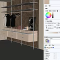 Modern Wardrobe Interior With Wooden Texture Open Shelves Hanging Clothes And Drawers