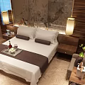 Modern Hotel Room Interior With Large Bed White Linens Dark Pillows Sofa And Curtains